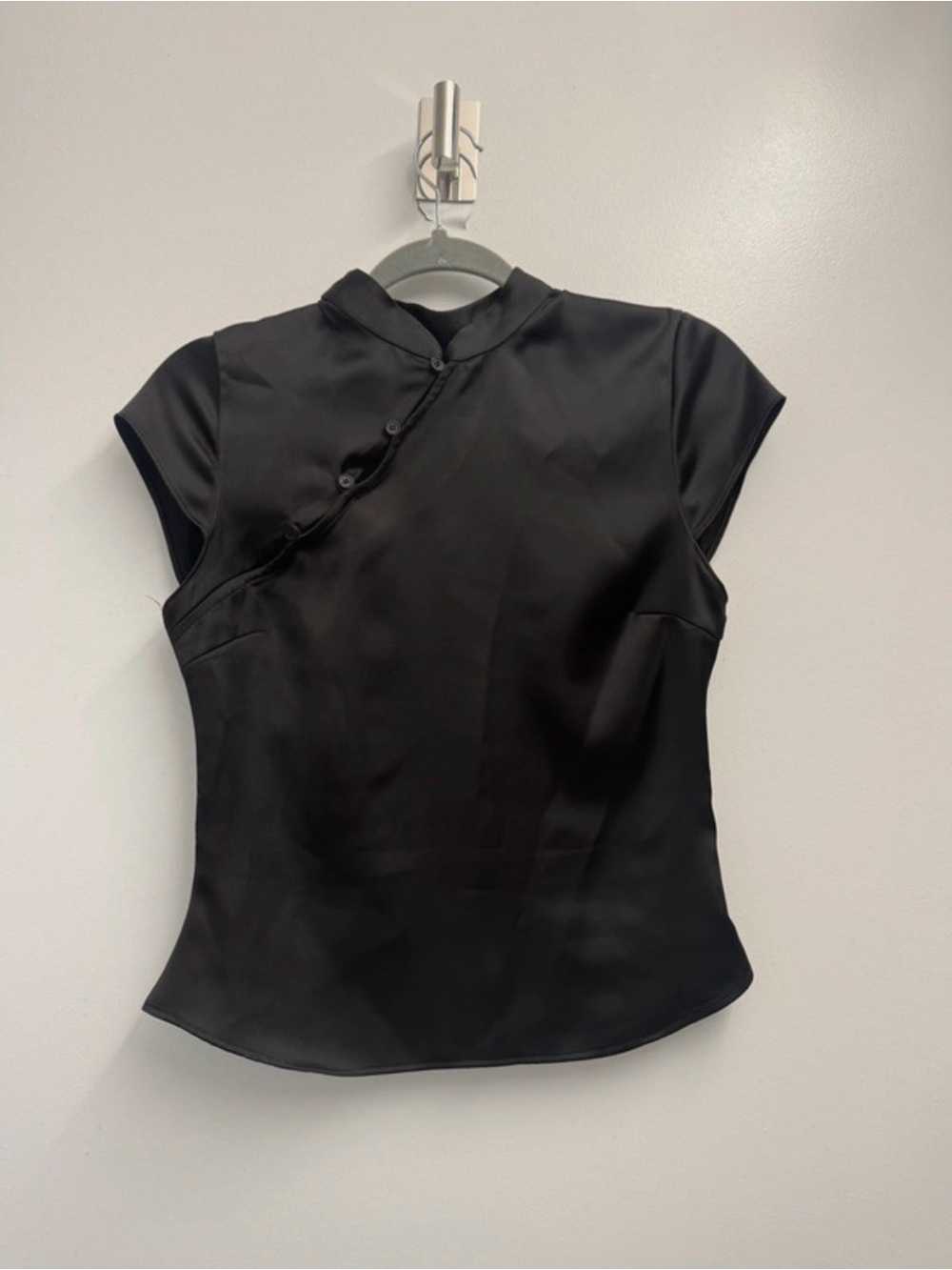 Zara Black Satin Cap-Sleeve Top with Mandarin Neck